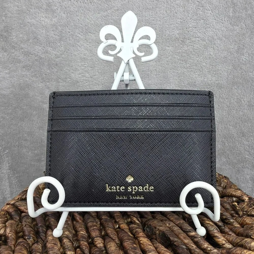 Kate Spade Card Case Holder Greta Court Graham Sparkling Black Glitter Slim Mini
